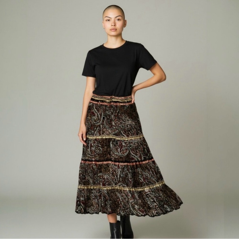 Paisley Tiered Maxi Skirt in Black